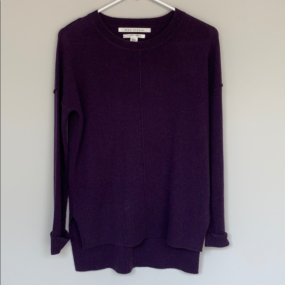 Dark purple crew neck, cashmere sweater.